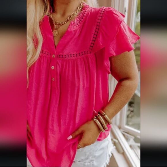 Fuchsia Pink 2X Short Flutter Sleeve Button Front Lace Crochet Detail Blouse - Picture 5 of 9